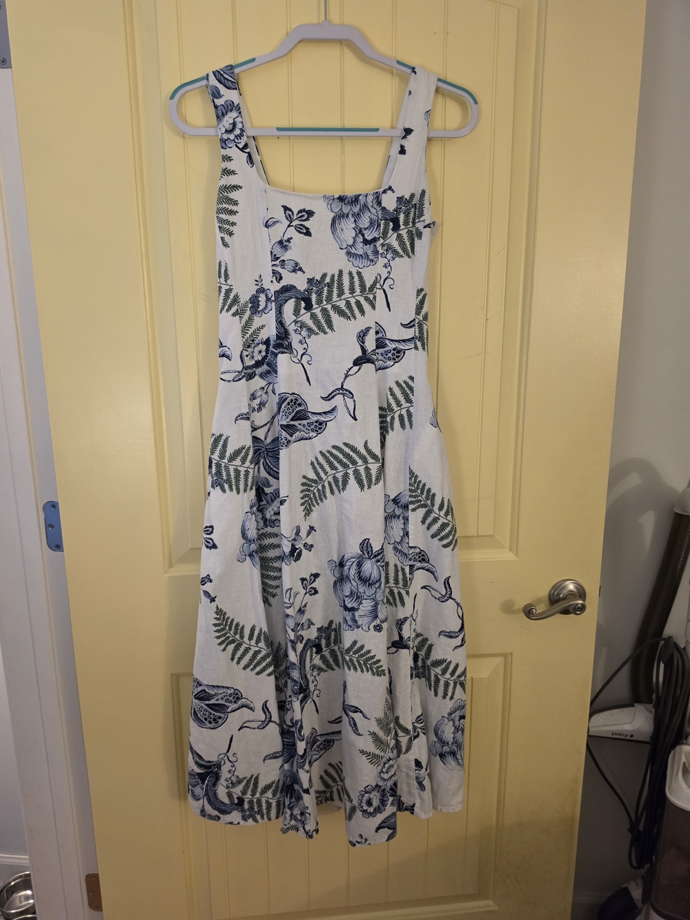 Rachel Zoe White Midi Dress with Blue Floral and Green Fern Print